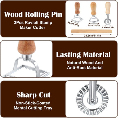 5 Pcs Ravioli Mold Set, 2 Inch Squares Raviolis Maker Press & 3 Pasta Cutter Stamp Makers & 1 Wood Rolling Pin, Pasta Making Tool Kit for Home Kitchen Restaurant Supplies