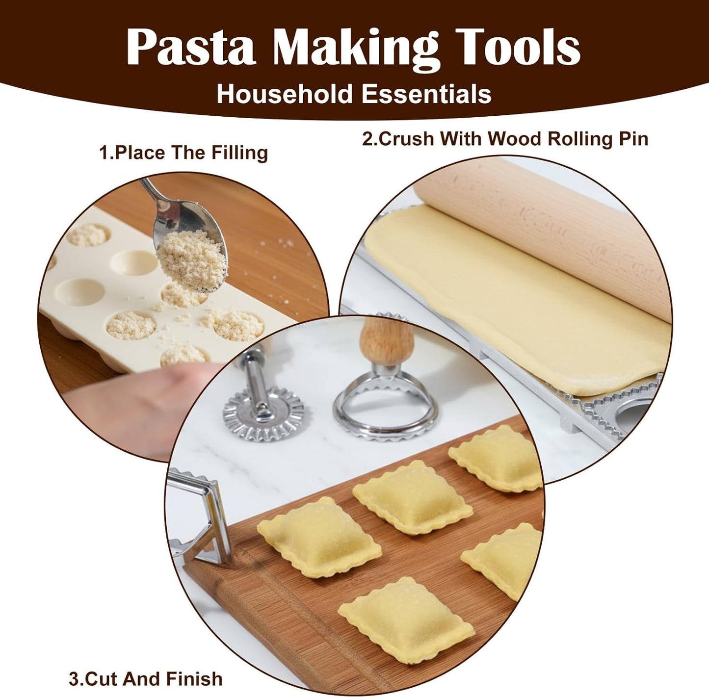5 Pcs Ravioli Mold Set, 2 Inch Squares Raviolis Maker Press & 3 Pasta Cutter Stamp Makers & 1 Wood Rolling Pin, Pasta Making Tool Kit for Home Kitchen Restaurant Supplies