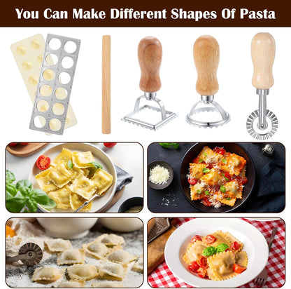 5 Pcs Ravioli Mold Set, 2 Inch Squares Raviolis Maker Press & 3 Pasta Cutter Stamp Makers & 1 Wood Rolling Pin, Pasta Making Tool Kit for Home Kitchen Restaurant Supplies