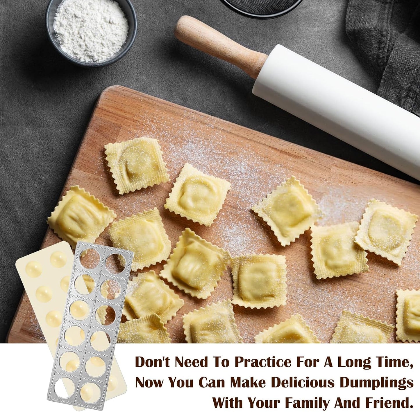 5 Pcs Ravioli Mold Set, 2 Inch Squares Raviolis Maker Press & 3 Pasta Cutter Stamp Makers & 1 Wood Rolling Pin, Pasta Making Tool Kit for Home Kitchen Restaurant Supplies
