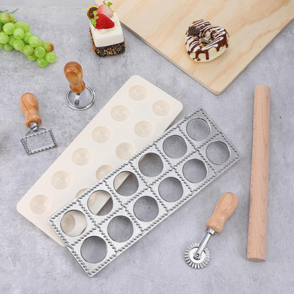 5 Pcs Ravioli Mold Set, 2 Inch Squares Raviolis Maker Press & 3 Pasta Cutter Stamp Makers & 1 Wood Rolling Pin, Pasta Making Tool Kit for Home Kitchen Restaurant Supplies