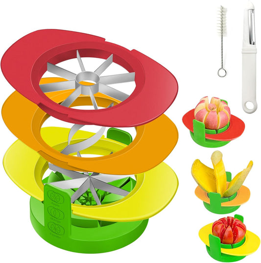 Fruit Cutter Slicer, 4 in 1 Apple Slicer with Peeler & Cleaning Brush | Mango Cutter Corer Remover, Tomato Wedges Stainless Steel, Heavy Duty Fruit & Vegetable Cutter, Easy Kitchen Tool With Base