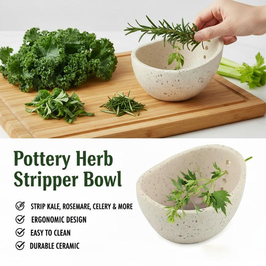 Handmade Ceramic Herb Stripper Bowl, Pottery Herb Stripping Bowl Peeling Cup with Different Hole Sizes for Separating Leaves and Stems (White)