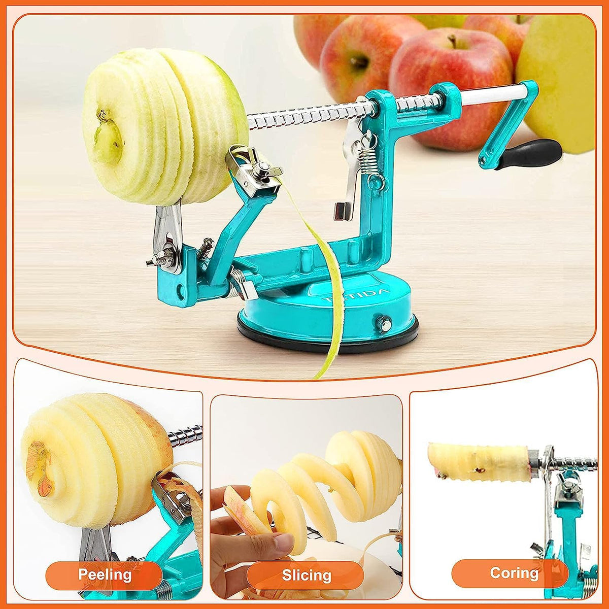 Apple Peeler Corer, Long lasting Chrome Cast Magnesium Alloy Apple Peeler Slicer Corer with Stainless Steel Blades and Powerful Suction Base for Apples and Potatoes(Red)
