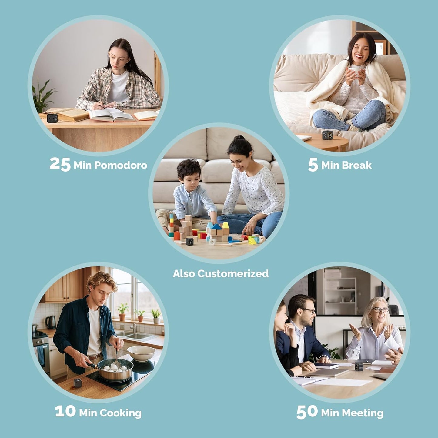 Pomodoro Timer Visual - Productivity Pomodoro Cube, 5/10/25/50 Min Countdown & Countup, Silent – Ideal for Work Study Cook Workout Kitchen School Classroom Office ADHD Gift Kids (1, Black)