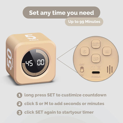 Pomodoro Timer Visual - Productivity Pomodoro Cube, 5/10/25/50 Min Countdown & Countup, Silent – Ideal for Work Study Cook Workout Kitchen School Classroom Office ADHD Gift Kids (1, Black)