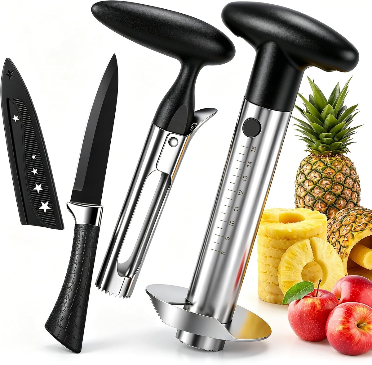 Pineapple Corer and Slicer, Stainless Steel Pineapple Cutter and Corer, Upgraded Pineapple Peeler and Apple Corer Tool with Pineapple Core Remover for Corer Tool Kitchen (Black)