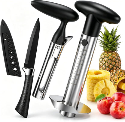 Pineapple Corer and Slicer, Stainless Steel Pineapple Cutter and Corer, Upgraded Pineapple Peeler and Apple Corer Tool with Pineapple Core Remover for Corer Tool Kitchen (Black)