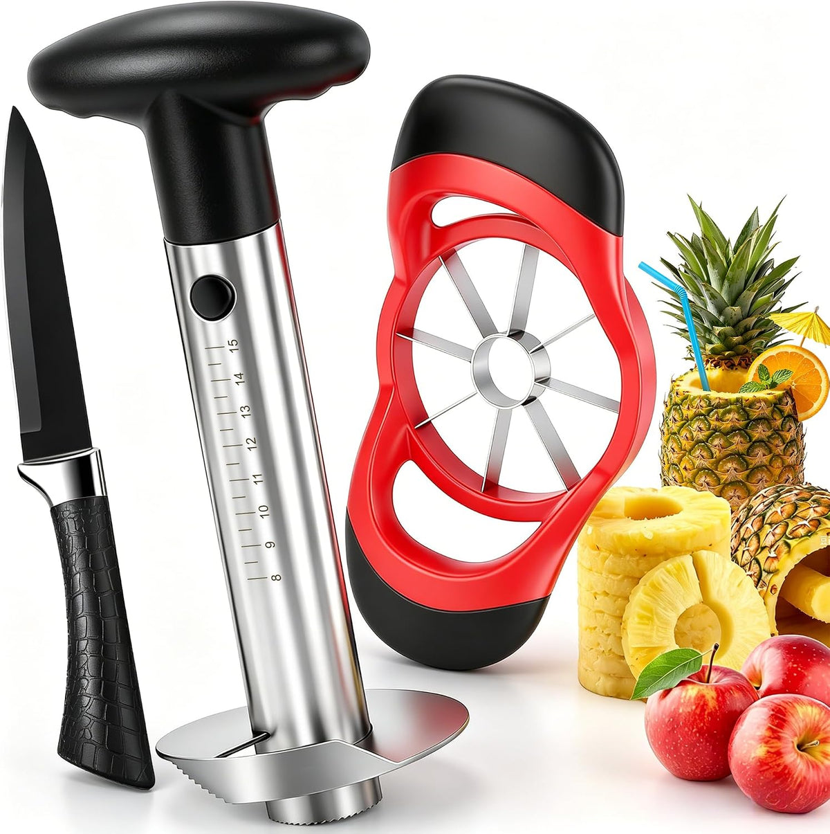 Pineapple Corer and Slicer, Stainless Steel Pineapple Cutter and Corer, Upgraded Pineapple Peeler and Apple Corer Tool with Pineapple Core Remover for Corer Tool Kitchen (Black)