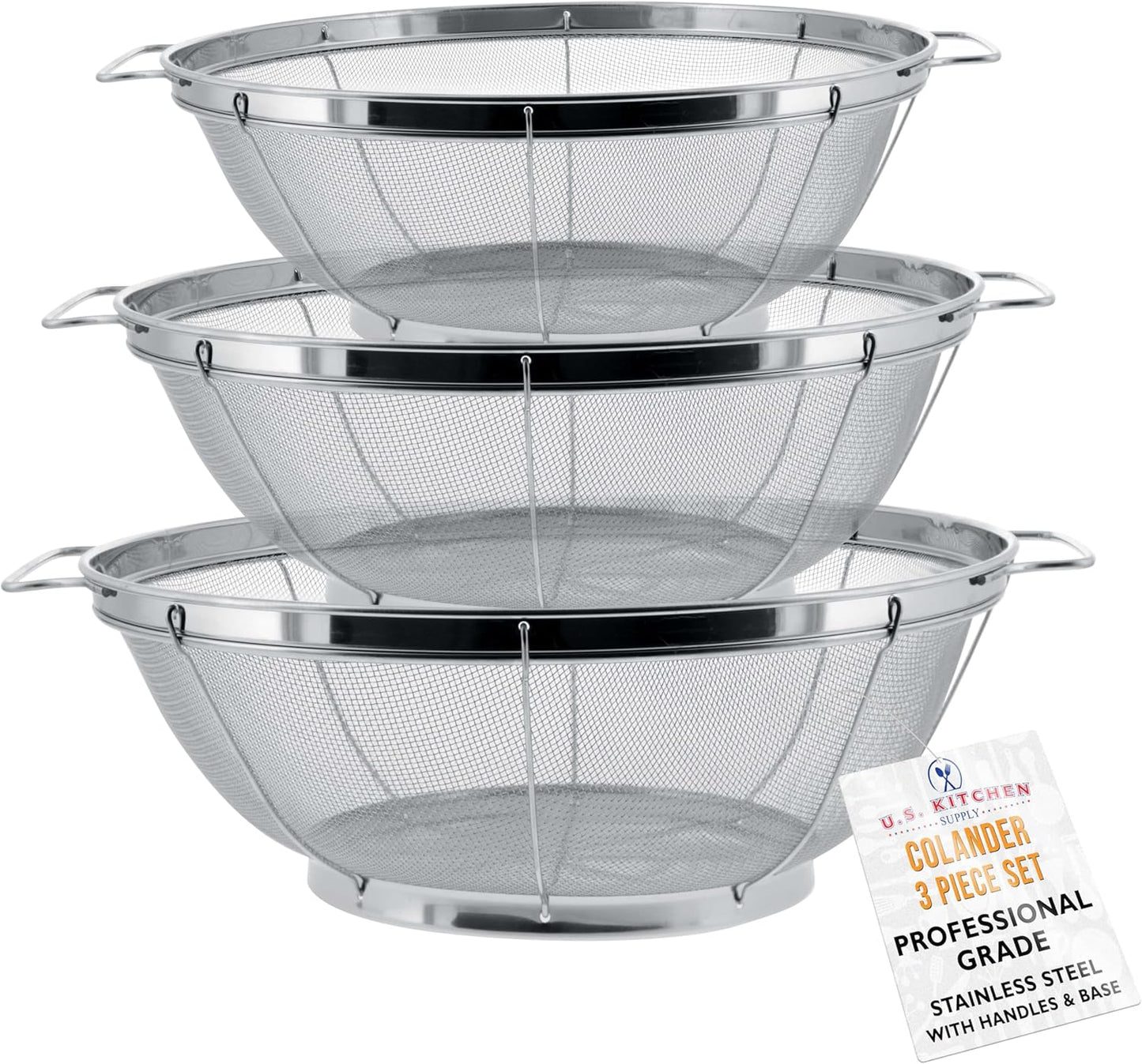 Set of 3 Stainless Steel Colander Strainers Net Baskets 5, 4, & 3-Quart - Colander with Handles & Resting Base - Stainless Steel Sieve, Mesh Strainers and Colanders for Kitchen