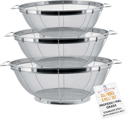 Set of 3 Stainless Steel Colander Strainers Net Baskets 5, 4, & 3-Quart - Colander with Handles & Resting Base - Stainless Steel Sieve, Mesh Strainers and Colanders for Kitchen