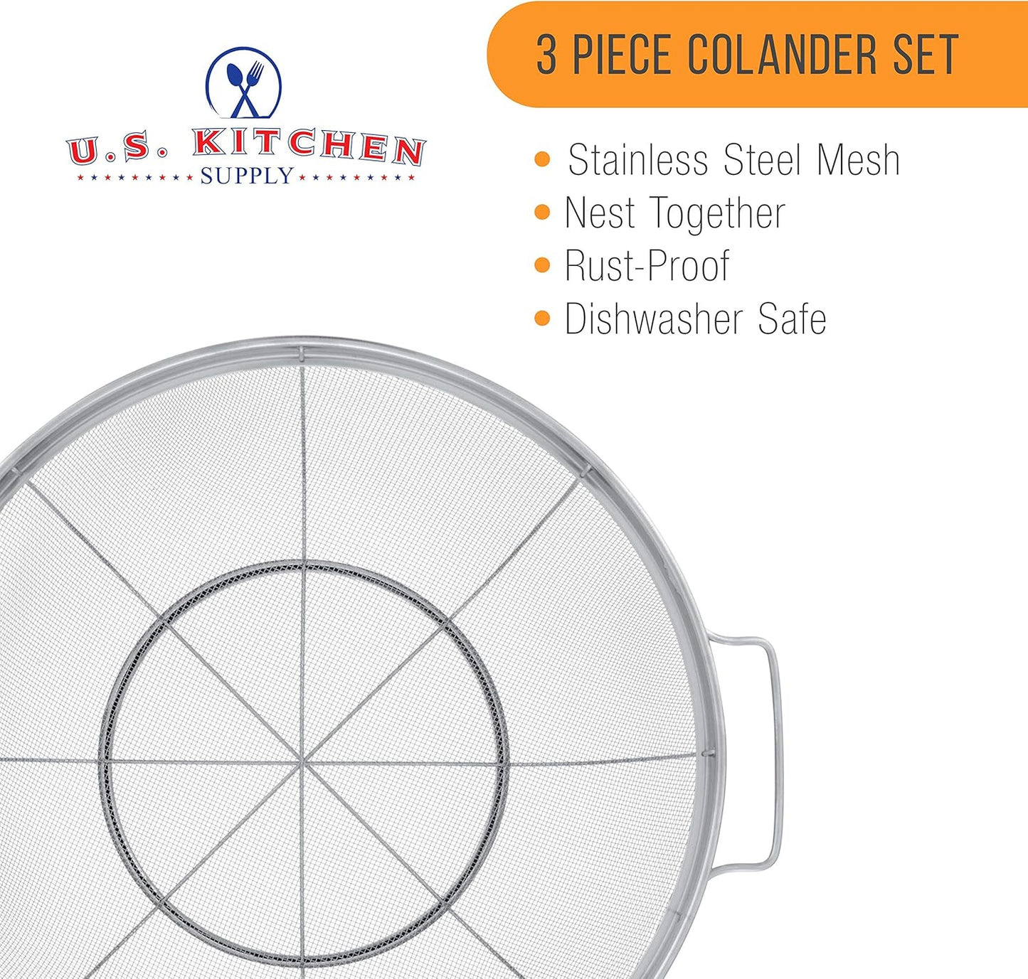 Set of 3 Stainless Steel Colander Strainers Net Baskets 5, 4, & 3-Quart - Colander with Handles & Resting Base - Stainless Steel Sieve, Mesh Strainers and Colanders for Kitchen