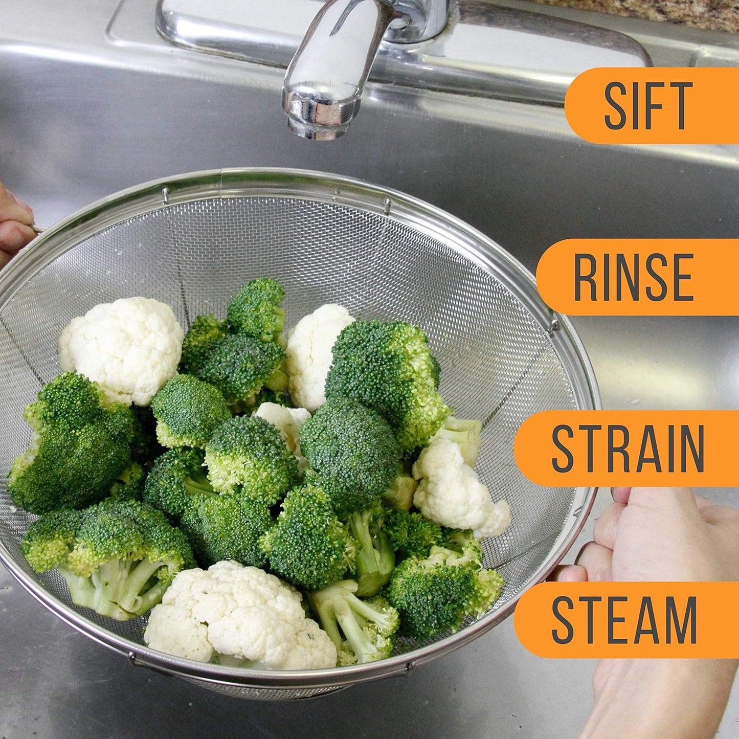 Set of 3 Stainless Steel Colander Strainers Net Baskets 5, 4, & 3-Quart - Colander with Handles & Resting Base - Stainless Steel Sieve, Mesh Strainers and Colanders for Kitchen