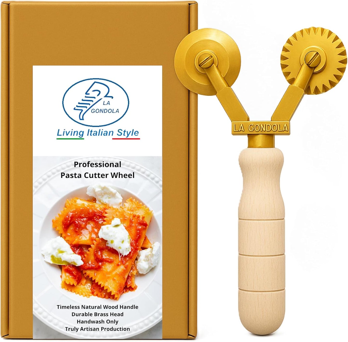 La Gondola Homemade Pasta Cutter - Festooned Wheel | Italian Pasta Making Tool for Home and Business | Brass & Natural Wood | Safe & Easy to Use Pasta Cutting Tool | Ravioli Cutter Made in Italy