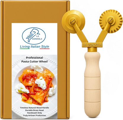 La Gondola Homemade Pasta Cutter - Festooned Wheel | Italian Pasta Making Tool for Home and Business | Brass & Natural Wood | Safe & Easy to Use Pasta Cutting Tool | Ravioli Cutter Made in Italy