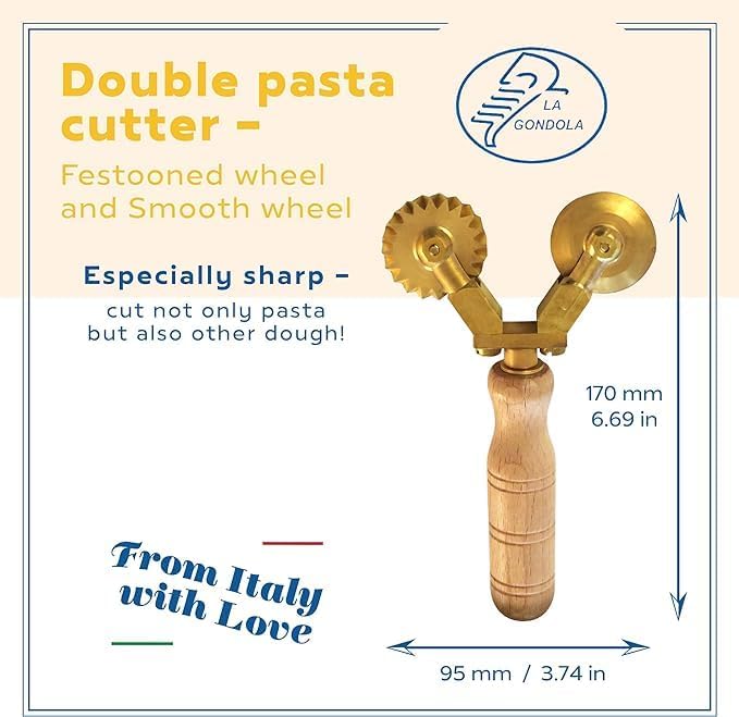 La Gondola Homemade Pasta Cutter - Festooned Wheel | Italian Pasta Making Tool for Home and Business | Brass & Natural Wood | Safe & Easy to Use Pasta Cutting Tool | Ravioli Cutter Made in Italy