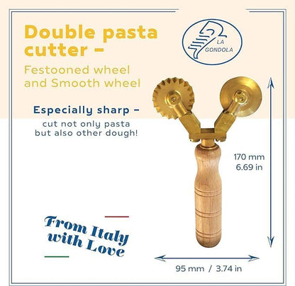 La Gondola Homemade Pasta Cutter - Festooned Wheel | Italian Pasta Making Tool for Home and Business | Brass & Natural Wood | Safe & Easy to Use Pasta Cutting Tool | Ravioli Cutter Made in Italy