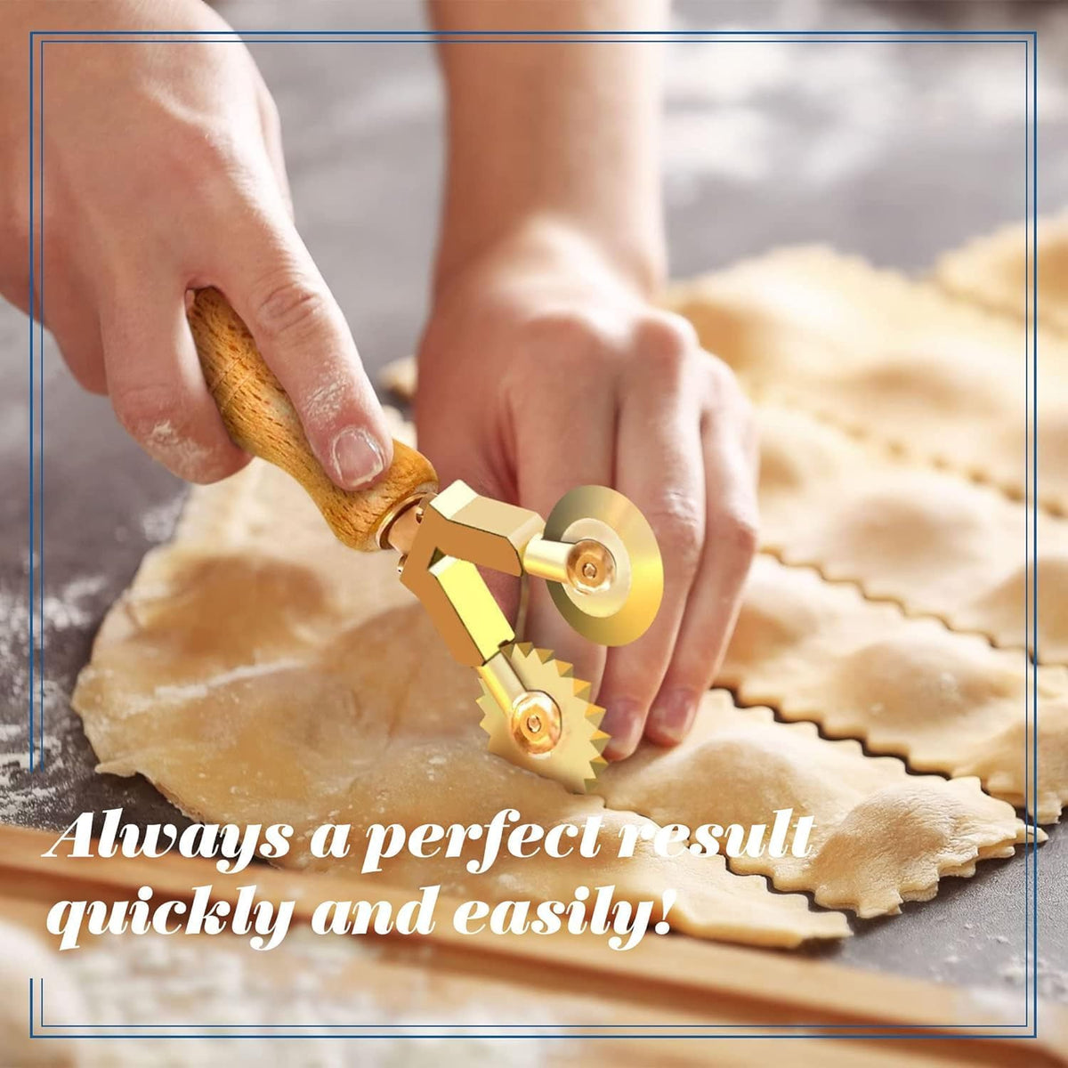 La Gondola Homemade Pasta Cutter - Festooned Wheel | Italian Pasta Making Tool for Home and Business | Brass & Natural Wood | Safe & Easy to Use Pasta Cutting Tool | Ravioli Cutter Made in Italy