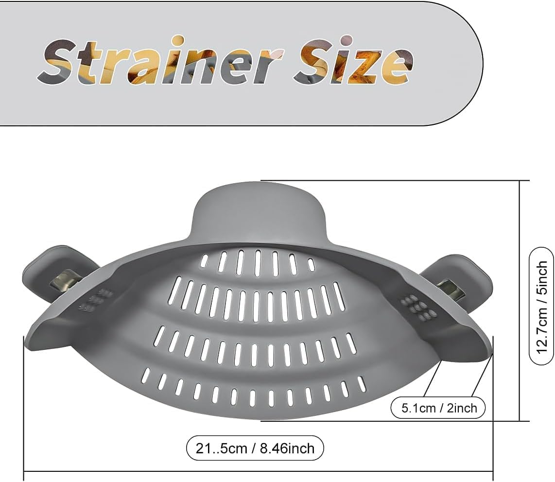 Silicone clip-on strainer for all pots and pans, clip-on food strainer for meat, vegetables, fruits and pasta strainer, heat resistant, kitchen gadget, colander (2)
