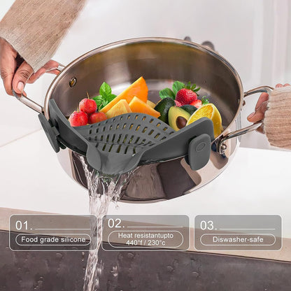 Silicone clip-on strainer for all pots and pans, clip-on food strainer for meat, vegetables, fruits and pasta strainer, heat resistant, kitchen gadget, colander (2)