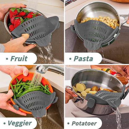 Silicone clip-on strainer for all pots and pans, clip-on food strainer for meat, vegetables, fruits and pasta strainer, heat resistant, kitchen gadget, colander (2)