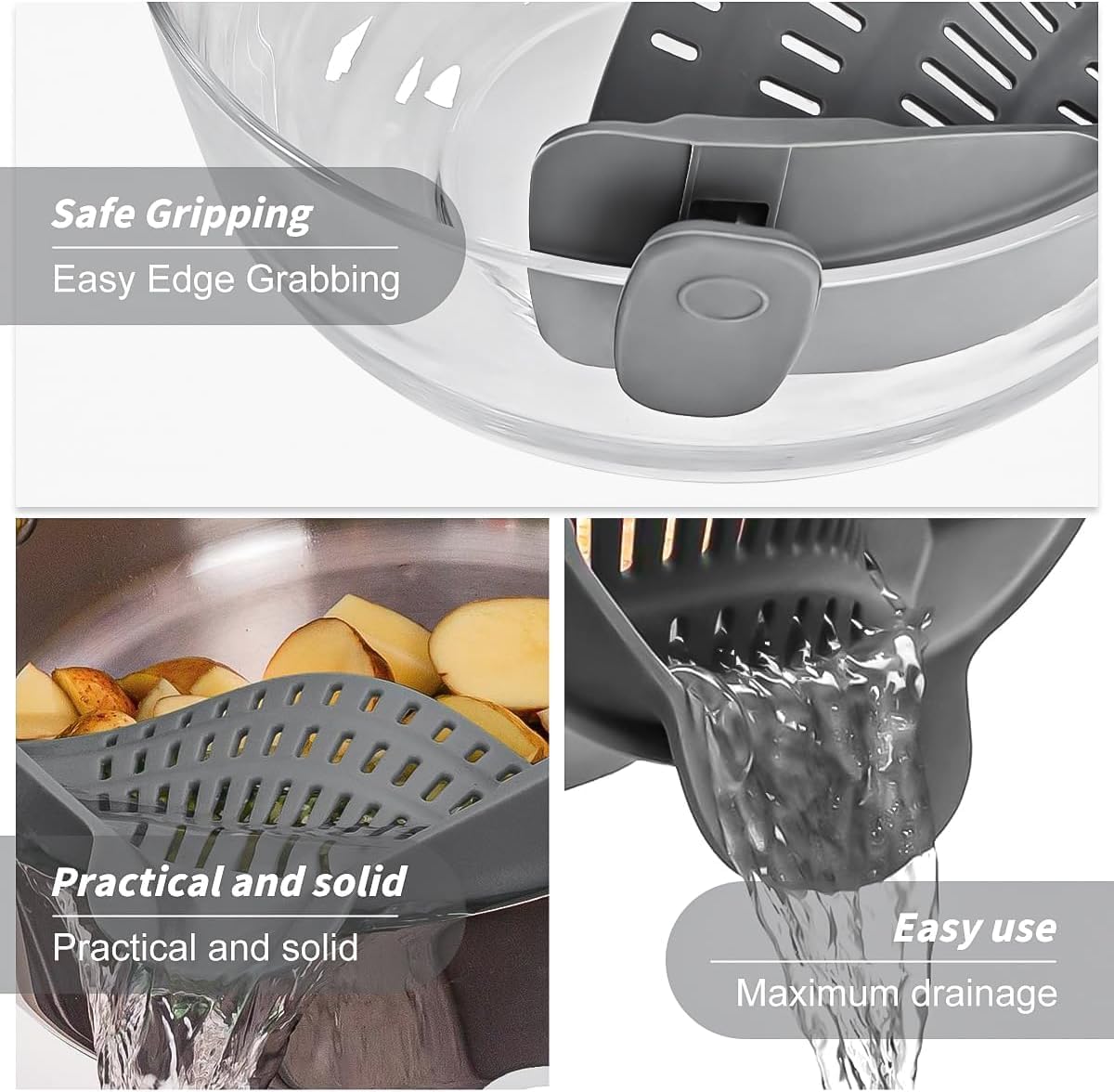 Silicone clip-on strainer for all pots and pans, clip-on food strainer for meat, vegetables, fruits and pasta strainer, heat resistant, kitchen gadget, colander (2)