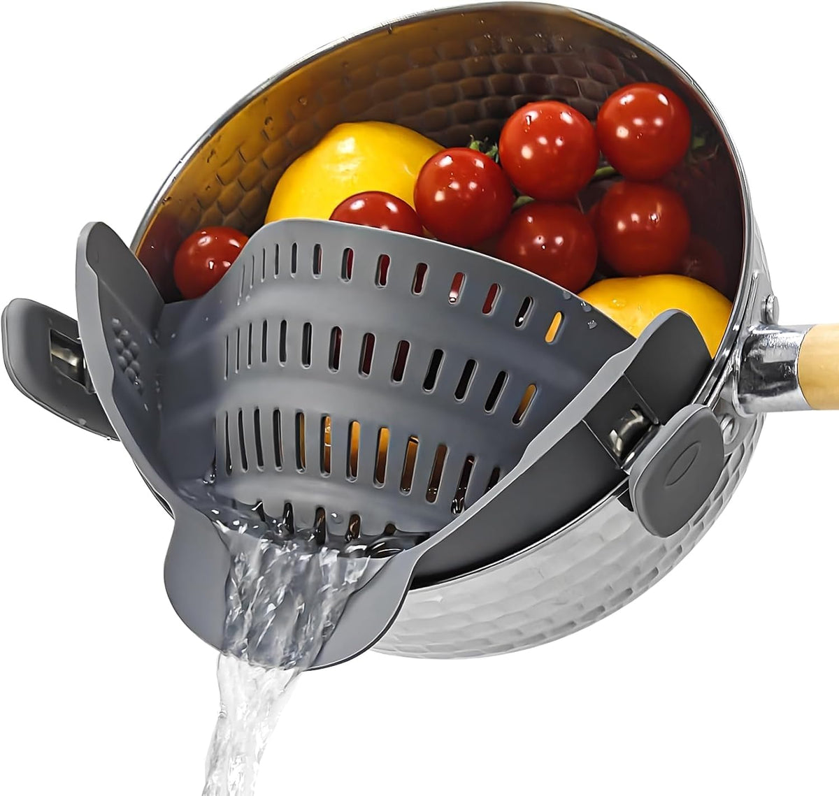 Silicone clip-on strainer for all pots and pans, clip-on food strainer for meat, vegetables, fruits and pasta strainer, heat resistant, kitchen gadget, colander (2)