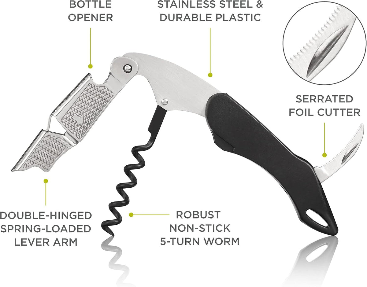 Recoil Waiters Corkscrew Wine Opener, Durable Stainless Steel with Built-in Bottle Opener and 4-Wheel Foil Cutter for Bartenders, Home Bar, Kitchen, Outdoor Party, Gifts for Wine Lovers, Set of 1