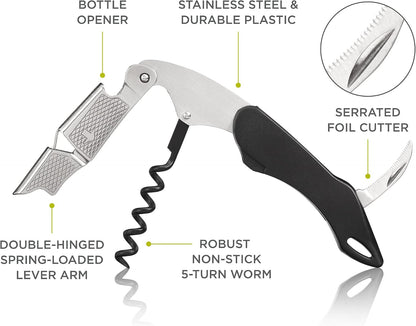Recoil Waiters Corkscrew Wine Opener, Durable Stainless Steel with Built-in Bottle Opener and 4-Wheel Foil Cutter for Bartenders, Home Bar, Kitchen, Outdoor Party, Gifts for Wine Lovers, Set of 1