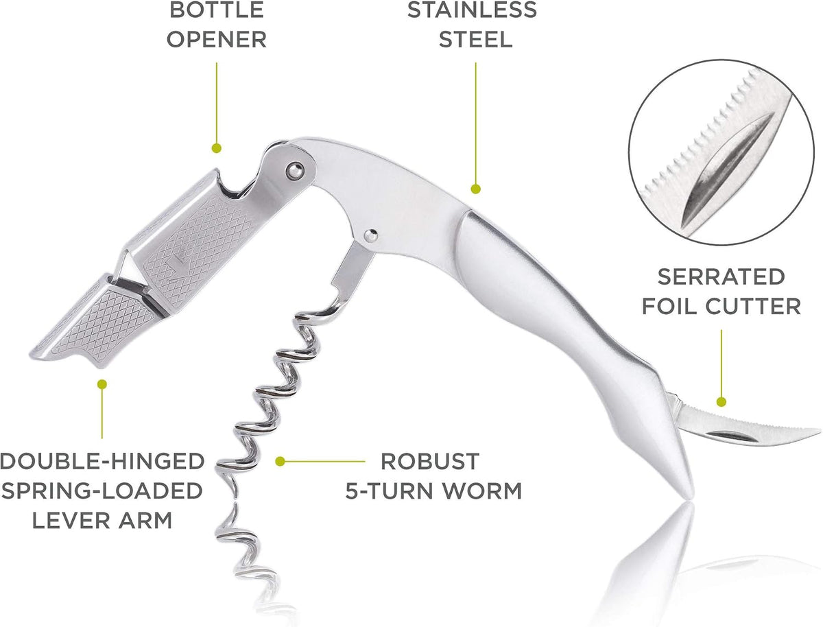 Recoil Waiters Corkscrew Wine Opener, Durable Stainless Steel with Built-in Bottle Opener and 4-Wheel Foil Cutter for Bartenders, Home Bar, Kitchen, Outdoor Party, Gifts for Wine Lovers, Set of 1