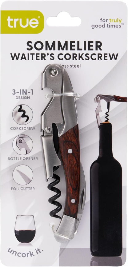 Recoil Waiters Corkscrew Wine Opener, Durable Stainless Steel with Built-in Bottle Opener and 4-Wheel Foil Cutter for Bartenders, Home Bar, Kitchen, Outdoor Party, Gifts for Wine Lovers, Set of 1