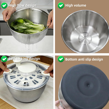 6L Stainless Steel Salad Spinner with Bonus Tong – Large Vegetable Spinner, Fruit Washer & Lettuce Dryer, Dishwasher‑Safe Stainless Salad Spinner with Strainer Bowl for Greens, Pasta & Small Fruits