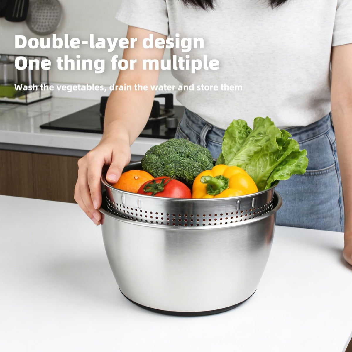 6L Stainless Steel Salad Spinner with Bonus Tong – Large Vegetable Spinner, Fruit Washer & Lettuce Dryer, Dishwasher‑Safe Stainless Salad Spinner with Strainer Bowl for Greens, Pasta & Small Fruits