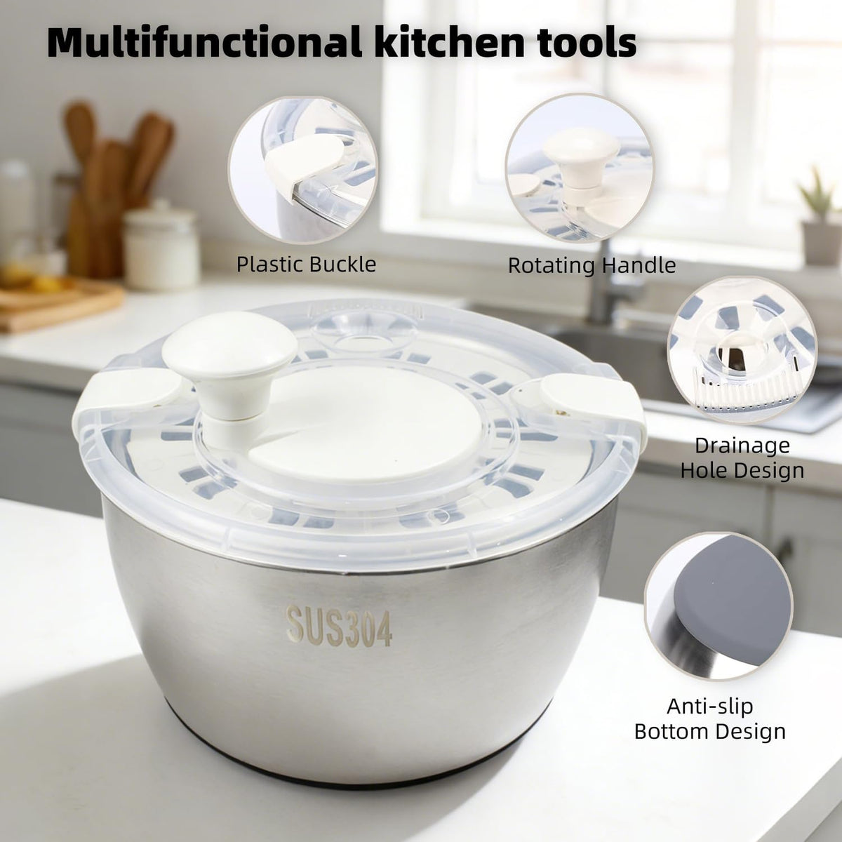 6L Stainless Steel Salad Spinner with Bonus Tong – Large Vegetable Spinner, Fruit Washer & Lettuce Dryer, Dishwasher‑Safe Stainless Salad Spinner with Strainer Bowl for Greens, Pasta & Small Fruits