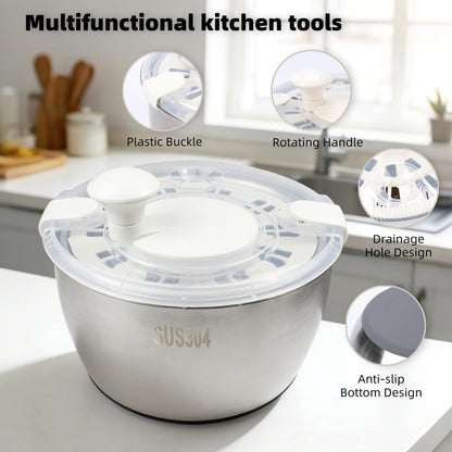 6L Stainless Steel Salad Spinner with Bonus Tong – Large Vegetable Spinner, Fruit Washer & Lettuce Dryer, Dishwasher‑Safe Stainless Salad Spinner with Strainer Bowl for Greens, Pasta & Small Fruits