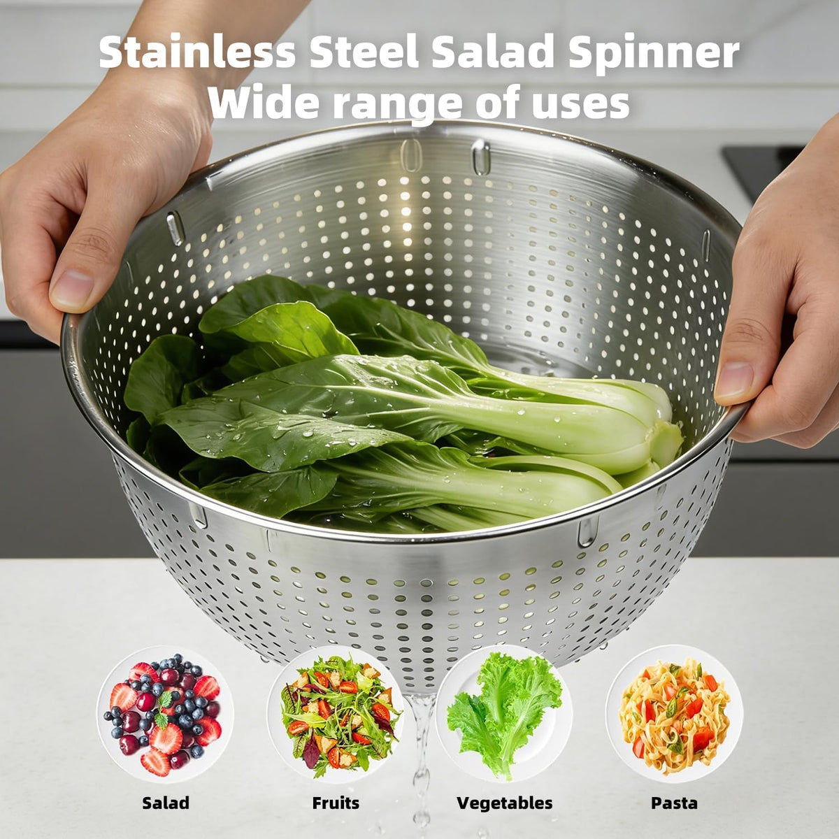 6L Stainless Steel Salad Spinner with Bonus Tong – Large Vegetable Spinner, Fruit Washer & Lettuce Dryer, Dishwasher‑Safe Stainless Salad Spinner with Strainer Bowl for Greens, Pasta & Small Fruits