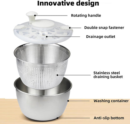 6L Stainless Steel Salad Spinner with Bonus Tong – Large Vegetable Spinner, Fruit Washer & Lettuce Dryer, Dishwasher‑Safe Stainless Salad Spinner with Strainer Bowl for Greens, Pasta & Small Fruits