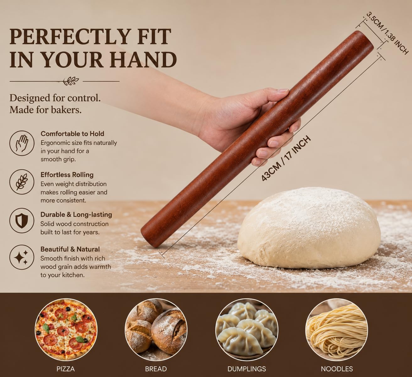 17.1 Inch Straight Rolling Pin – Smooth One-Piece Wooden Dough Roller for Baking, Cookies, Pizza Dough & Pastry