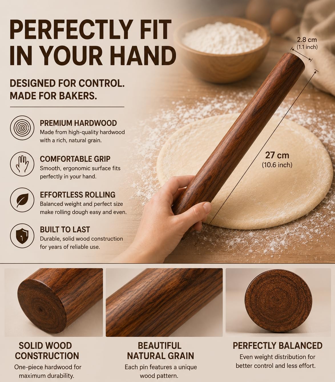 17.1 Inch Straight Rolling Pin – Smooth One-Piece Wooden Dough Roller for Baking, Cookies, Pizza Dough & Pastry