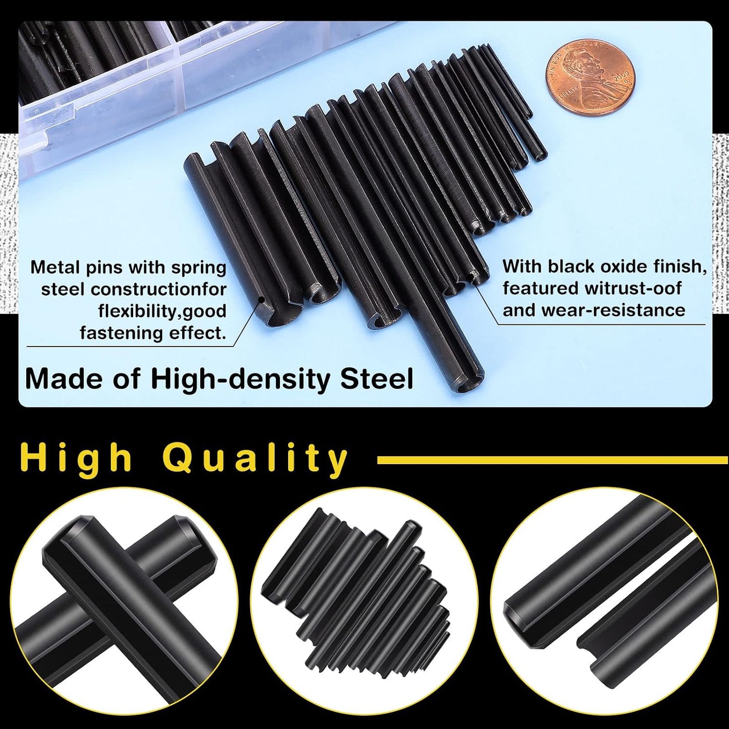 450 Pcs Split Roll Pin Assortment Set with Storage Case M2 M2 M3 M4 M5 M6 M2 M7 M8 M9 M10 Slotted Spring Steel Pins Black Dowel Tension Roll Pin for Home Improvement Automotive Machine Repair Tool