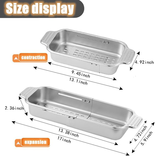 ZDRongZhen Kitchen Supply-Over the Sink Colander Strainer Basket Stainless Steel Retractable Kitchen Sink Basket -Wash Vegetables and Fruits, Drain Pasta and Dry Dishes,Extendable (Small silver)
