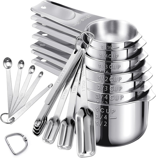 20PCS Measuring Cups and Spoons Set, Stainless Steel,with Leveler | 304 food-grade steel, dual-scale markings, one-piece construction, nesting storage, dishwasher safe, dry & liquid ingredients