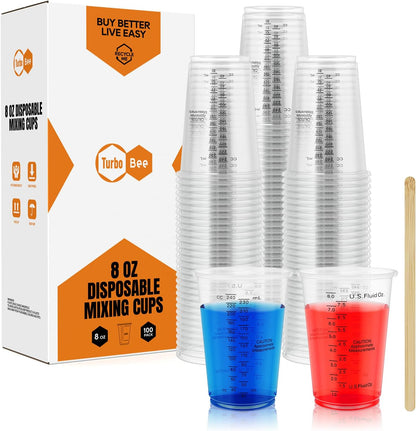 Plastic Measuring Cups 8OZ,100 PACK Disposable Mixing Cups with 100 Mixing Sticks,Paint Graduated Measuring Tumblers for Epoxy Resin, Paint Mixing, Art DIY