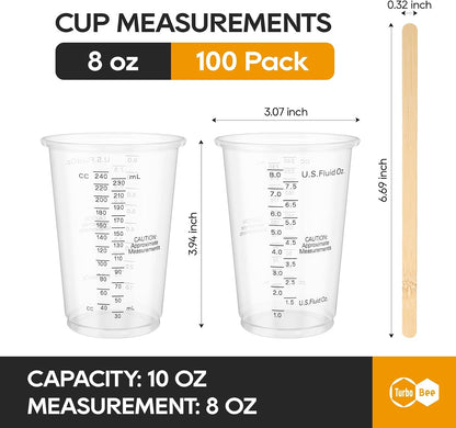 Plastic Measuring Cups 8OZ,100 PACK Disposable Mixing Cups with 100 Mixing Sticks,Paint Graduated Measuring Tumblers for Epoxy Resin, Paint Mixing, Art DIY