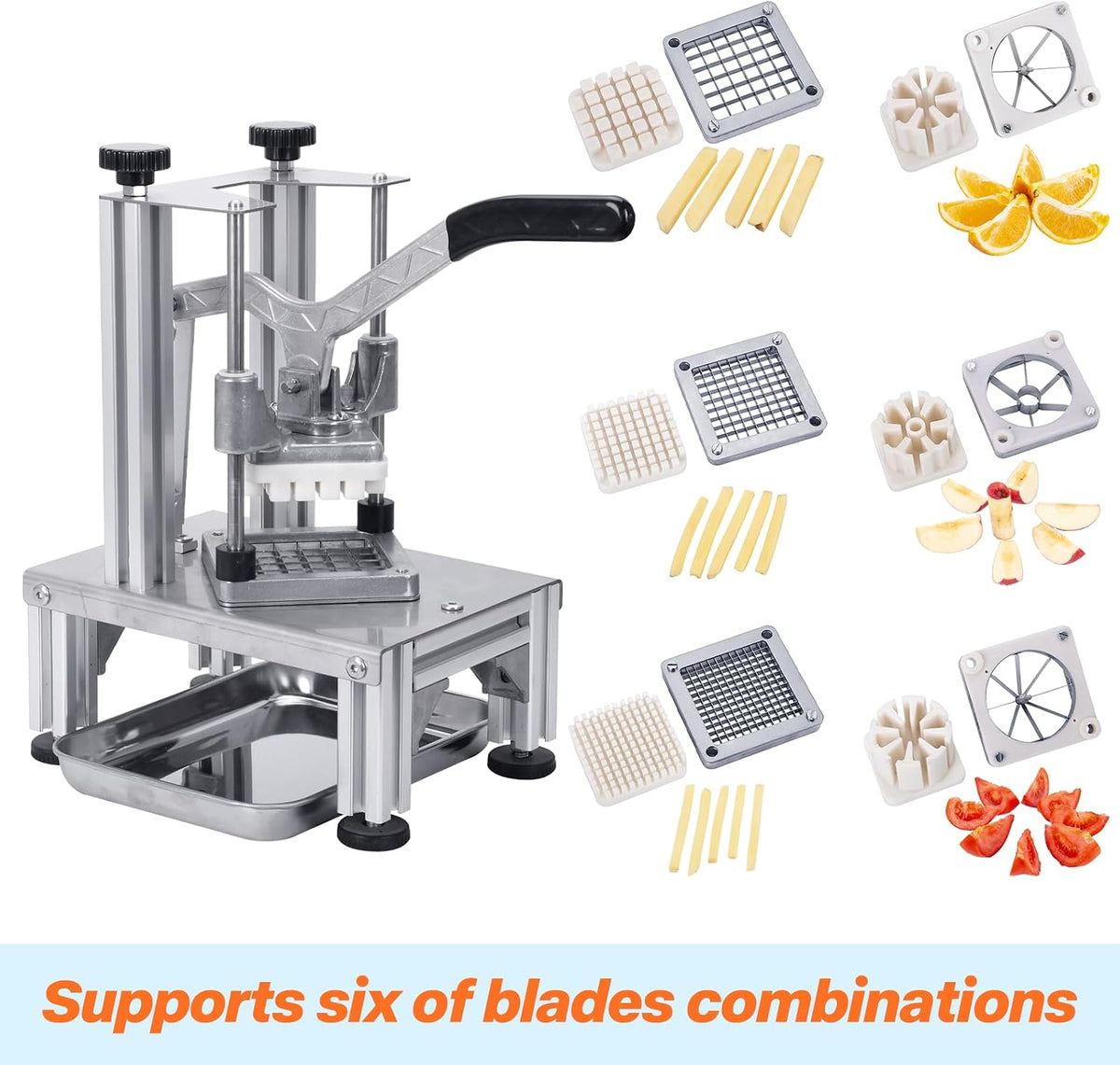 Commercial French Fries Cutter 1/4″ 3/8″ 6 Wedges 6 Wedges to Core Stainless Steel Blades Potato Slicer Fruit Chopper for Restaurant Home Kitchen Cutting, Sliver