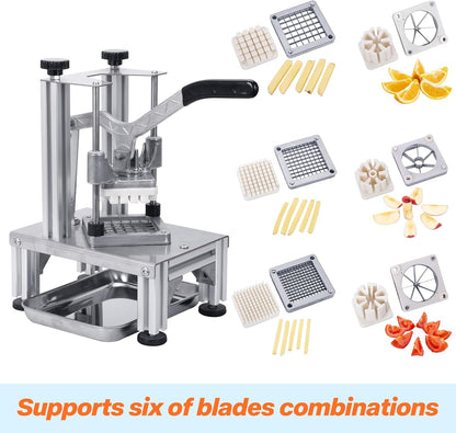 Commercial French Fries Cutter 1/4″ 3/8″ 6 Wedges 6 Wedges to Core Stainless Steel Blades Potato Slicer Fruit Chopper for Restaurant Home Kitchen Cutting, Sliver