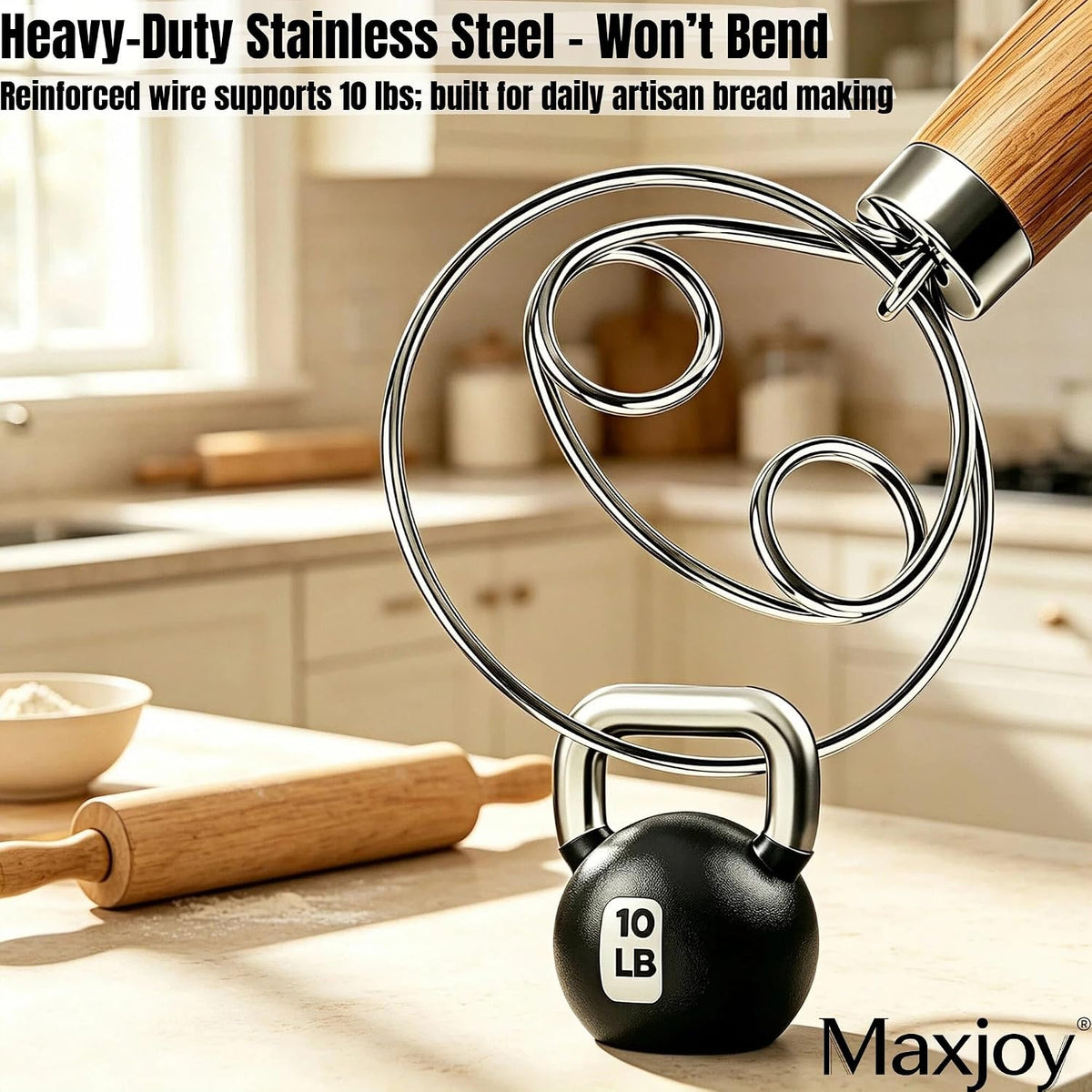 Danish Dough Whisk, Stainless Steel Wood Handle for Sourdough Bread