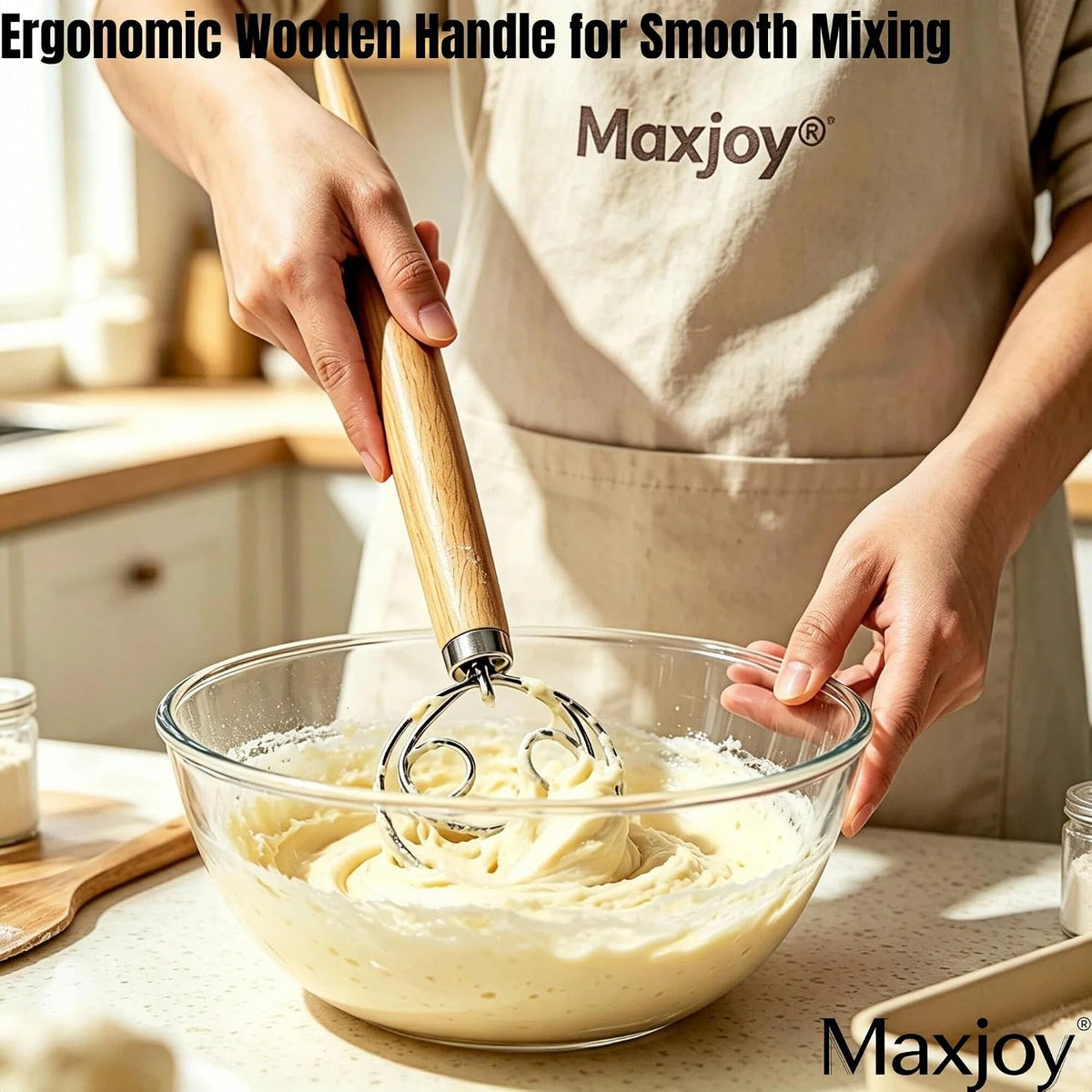 Danish Dough Whisk, Stainless Steel Wood Handle for Sourdough Bread
