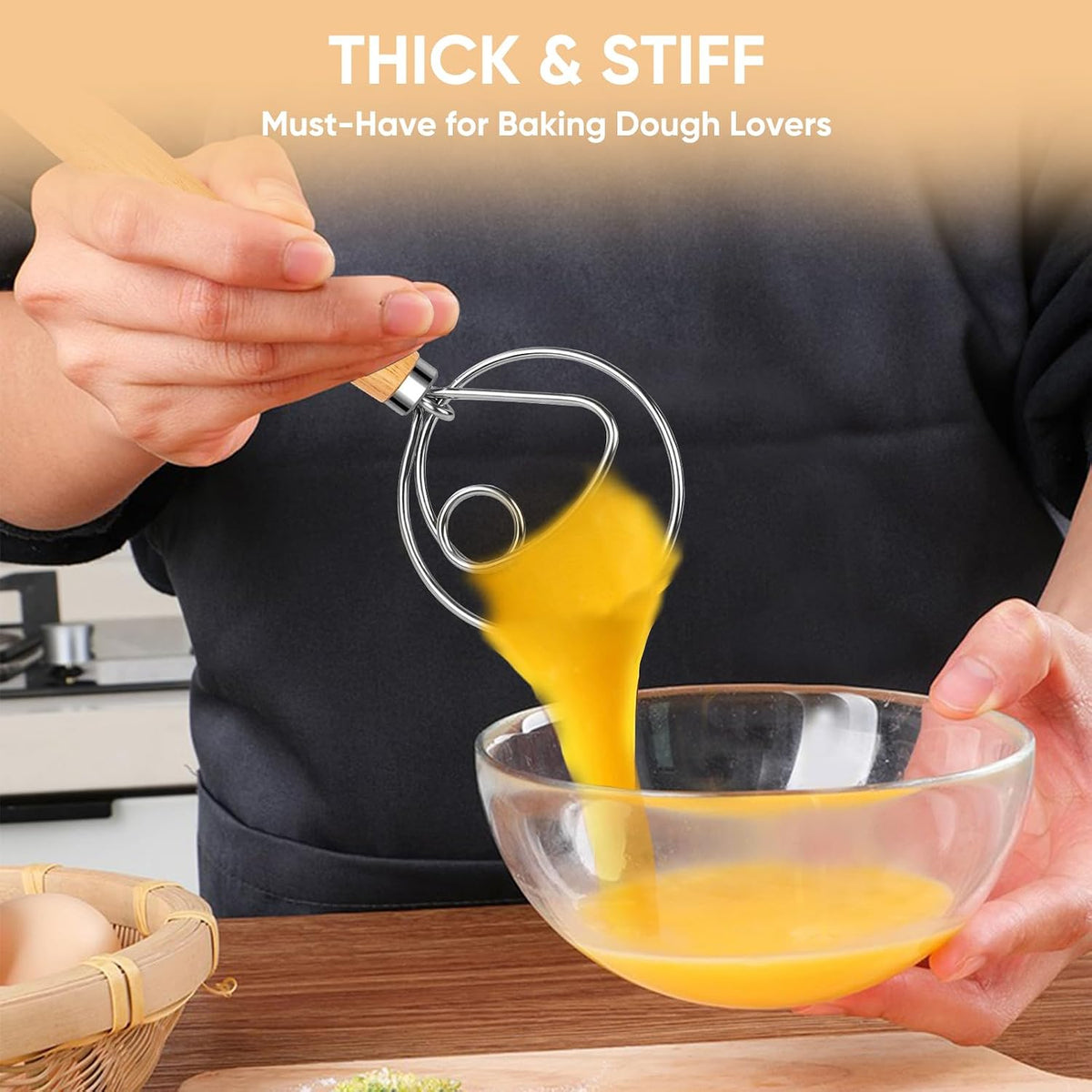 Danish Dough Whisk, Stainless Steel Wood Handle for Sourdough Bread