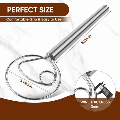 Danish Dough Whisk, Stainless Steel Wood Handle for Sourdough Bread